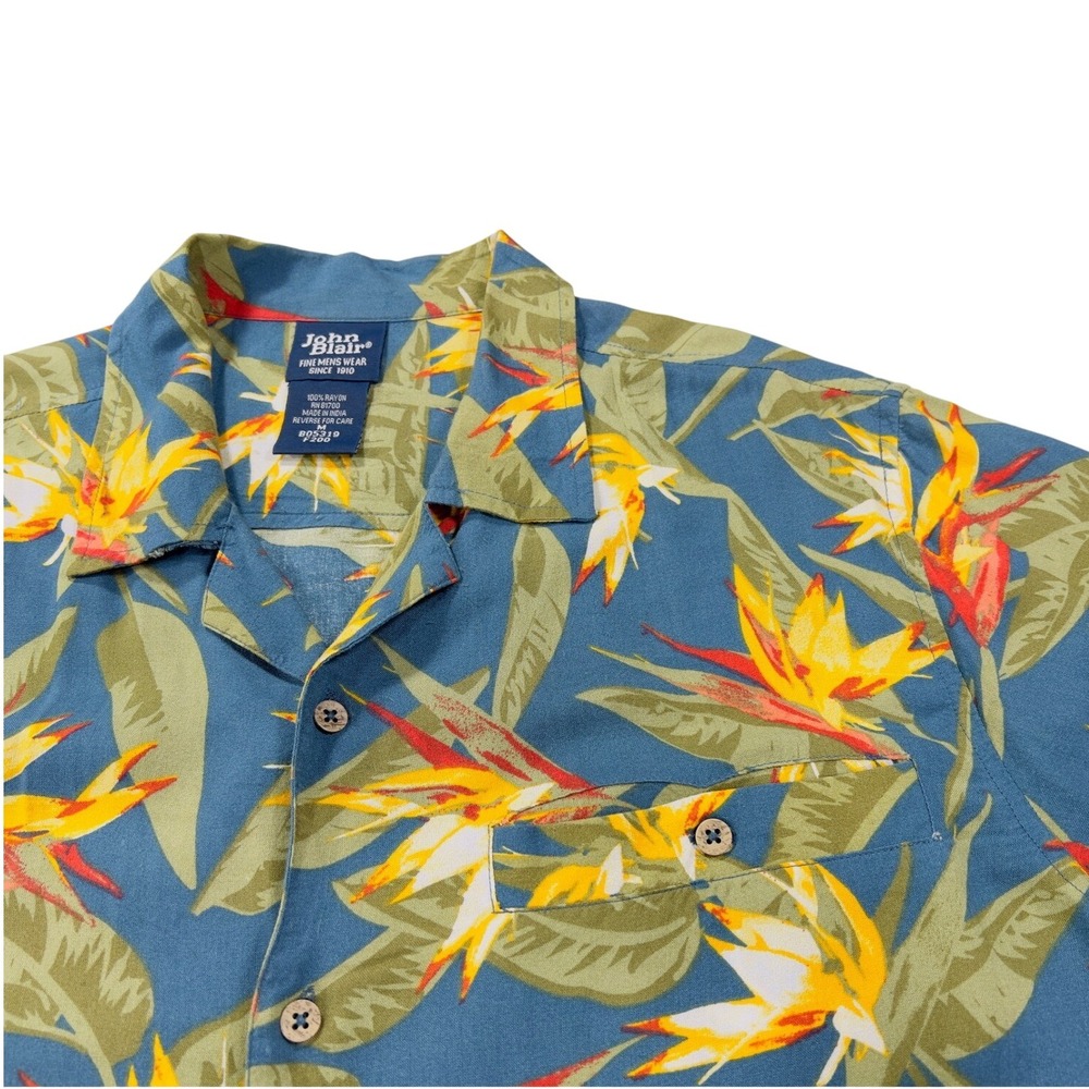 John Blair Men's Medium Bird of Paradise Hawaiian Tropical Blue Button Up Shirt